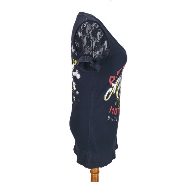 Affliction Women’s T-Shirt American Customs Motor Club Y2K Lace V-neck  Sz S - Picture 4 of 10